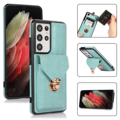 For Samsung Galaxy S21 Ultra 5G Card Holder Kickstand PU Leather+TPU Phone Cover with Shoulder Strap