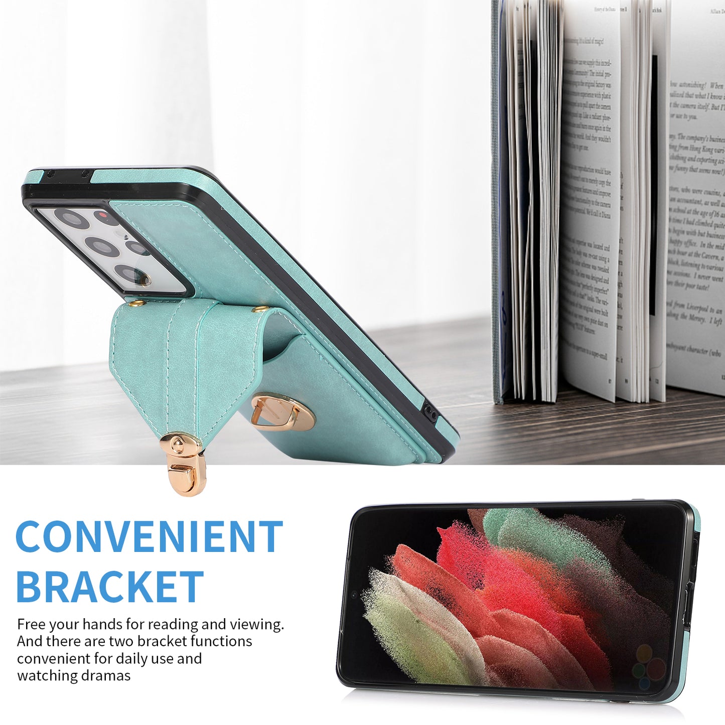 For Samsung Galaxy S21 Ultra 5G Card Holder Kickstand PU Leather+TPU Phone Cover with Shoulder Strap