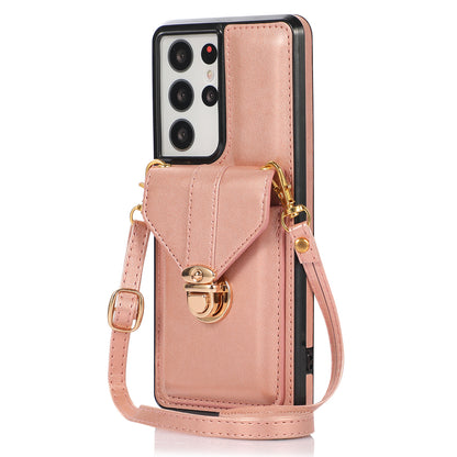 For Samsung Galaxy S21 Ultra 5G Card Holder Kickstand PU Leather+TPU Phone Cover with Shoulder Strap