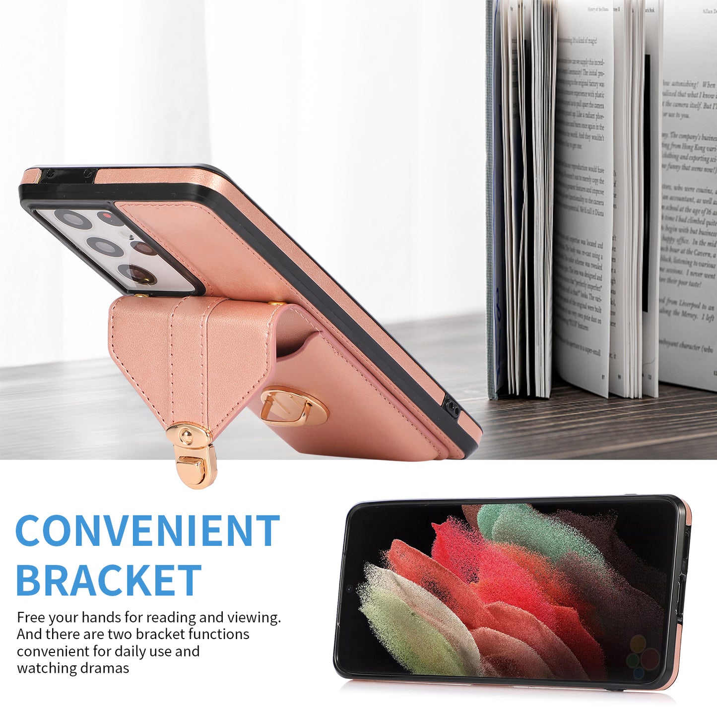 For Samsung Galaxy S21 Ultra 5G Card Holder Kickstand PU Leather+TPU Phone Cover with Shoulder Strap