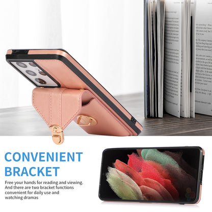 For Samsung Galaxy S21 Ultra 5G Card Holder Kickstand PU Leather+TPU Phone Cover with Shoulder Strap