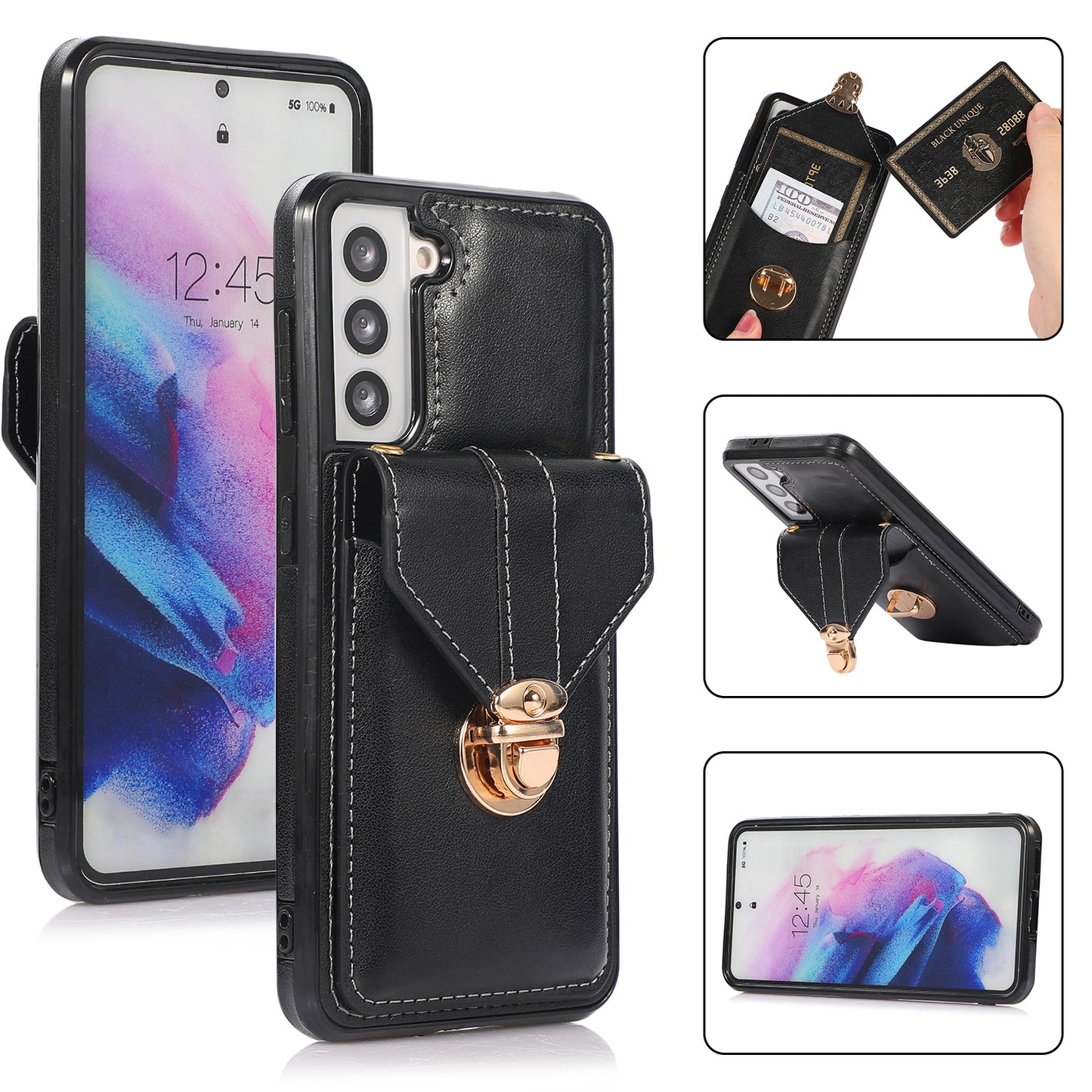 For Samsung Galaxy S21 4G / 5G Card Holder Drop-proof Case Kickstand PU Leather+TPU Phone Cover