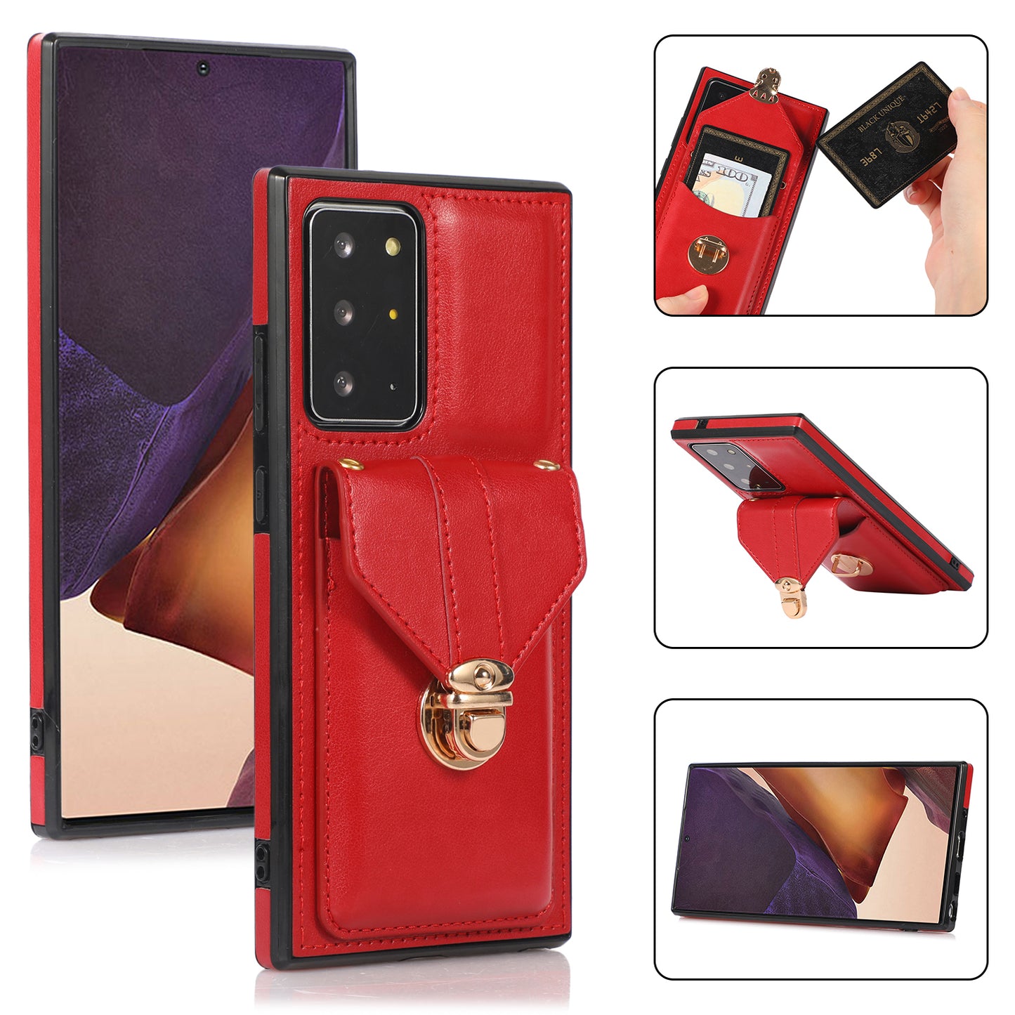 Back Case for Samsung Galaxy Note20 Ultra / Note20 Ultra 5G Card Holder PU Leather+TPU Phone Cover with Kickstand