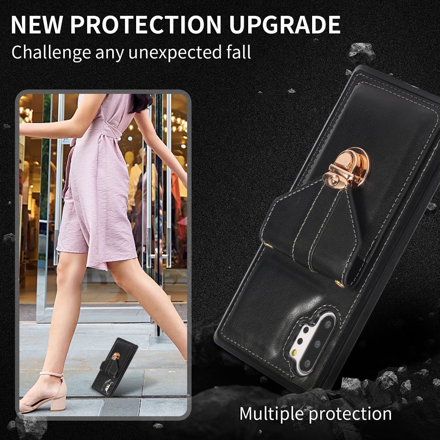 For Samsung Galaxy Note 10 Plus 5G Card Holder Back Case PU Leather+TPU Phone Cover with Kickstand