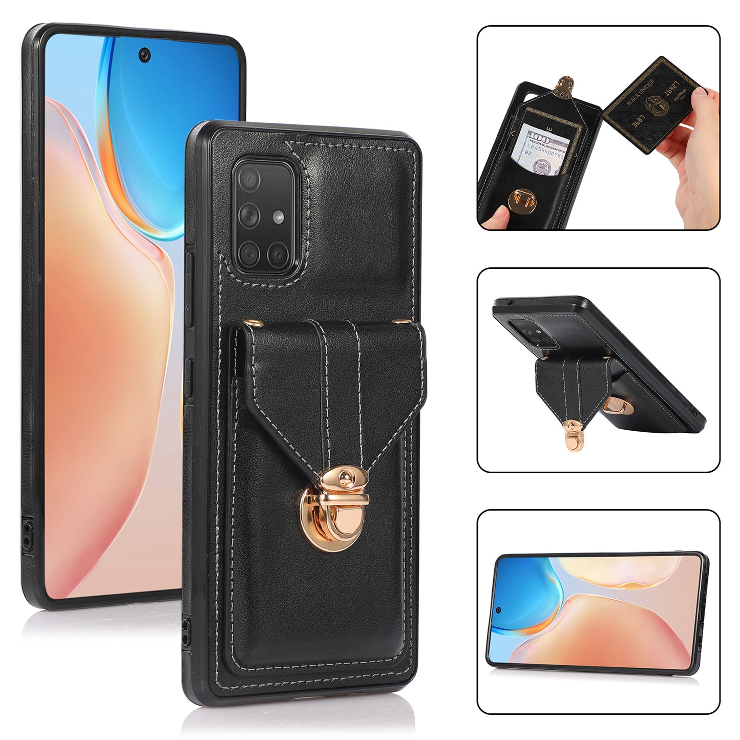 For Samsung Galaxy A71 5G SM-A716 Card Holder Shell PU Leather+TPU Back Case Kickstand Phone Cover