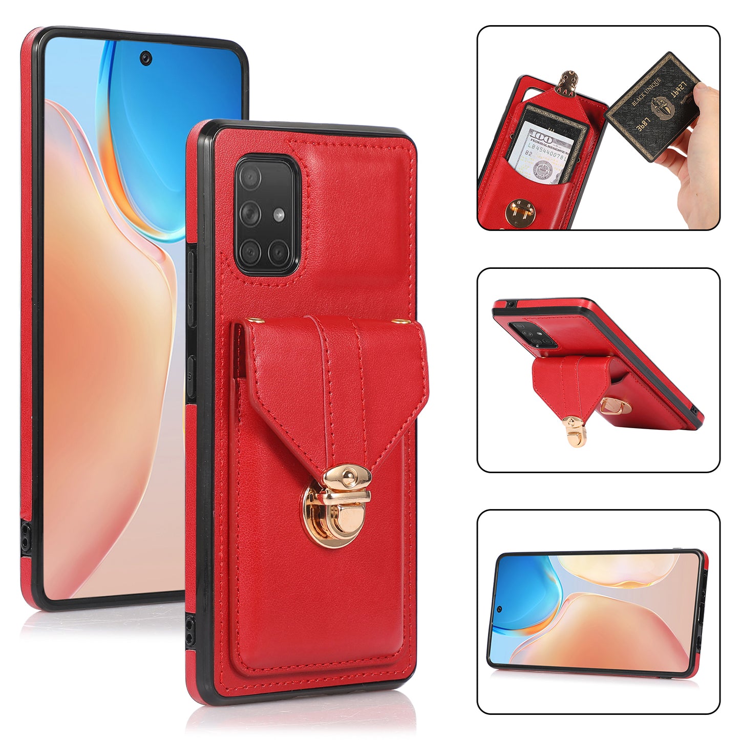 For Samsung Galaxy A71 5G SM-A716 Card Holder Shell PU Leather+TPU Back Case Kickstand Phone Cover