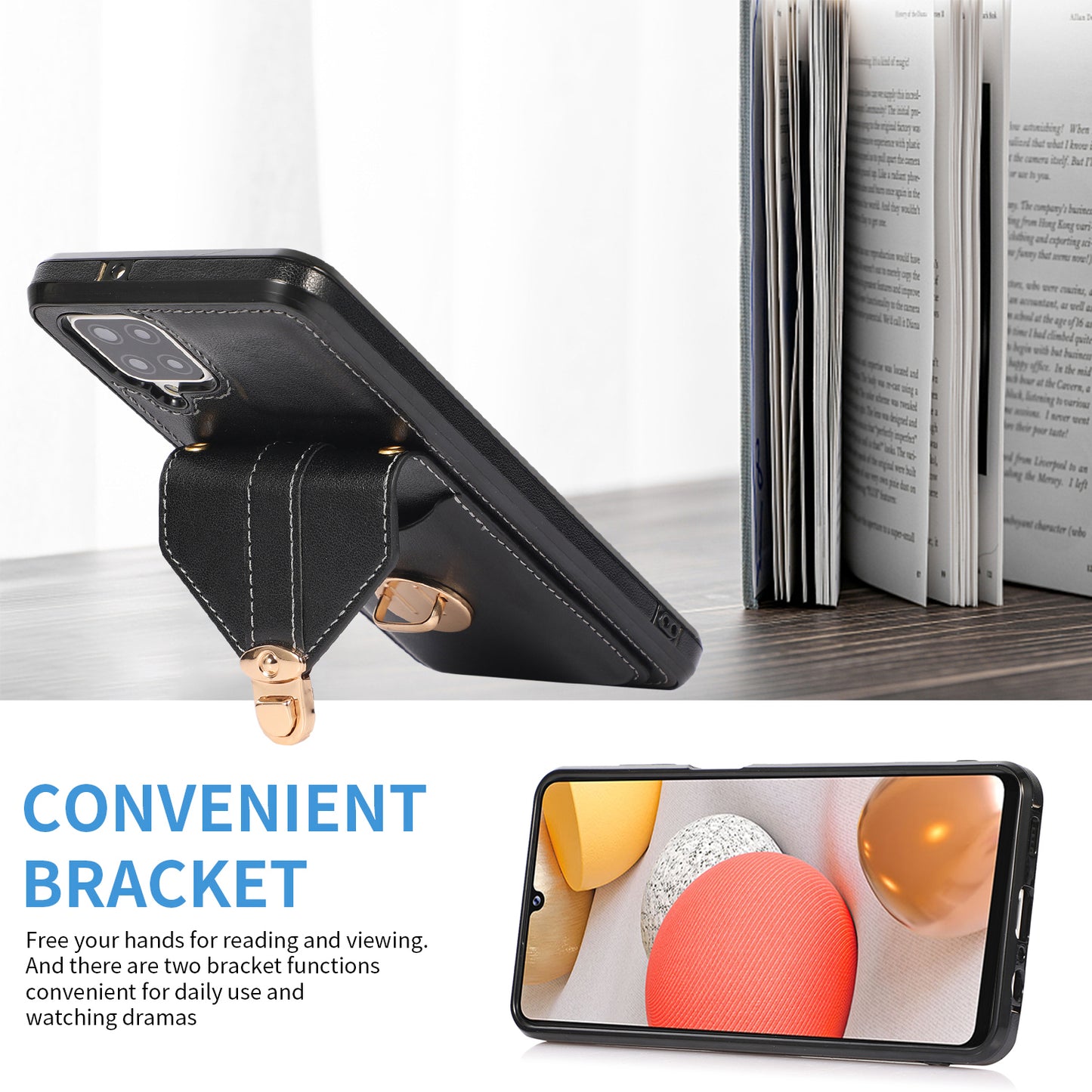 For Samsung Galaxy A12 Protective Case, Card Holder Kickstand PU Leather+TPU Phone Cover