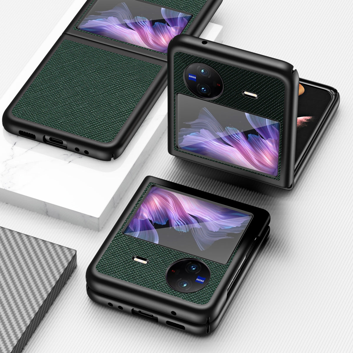 For vivo X Flip Shockproof Phone Case Cross Texture Rubberized PU Leather Coated PC Back Cover