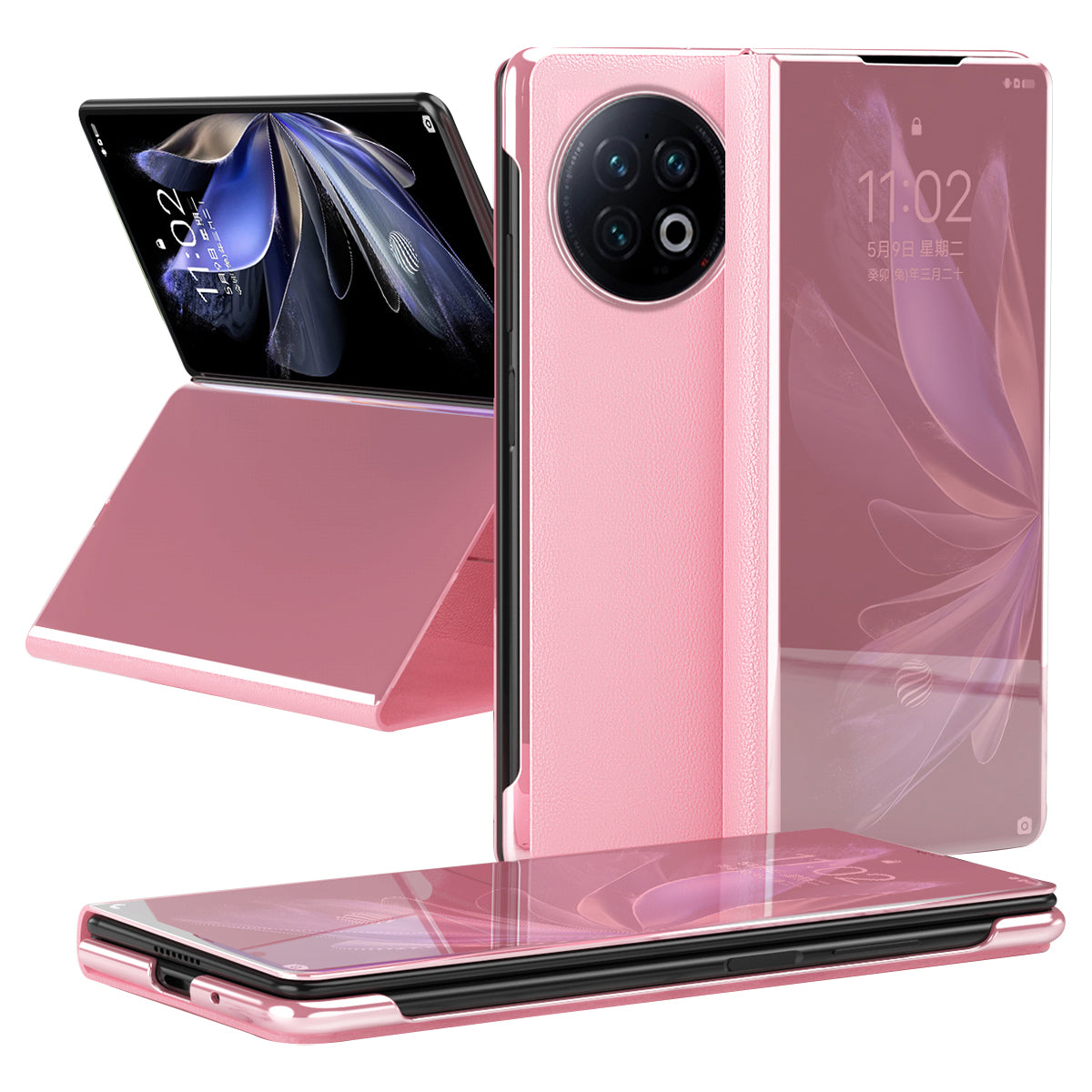 For vivo X Fold2 PU Leather Mirror Surface Phone Case Electroplating Stand Shockproof Cover