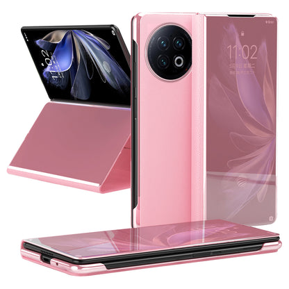 For vivo X Fold2 PU Leather Mirror Surface Phone Case Electroplating Stand Shockproof Cover