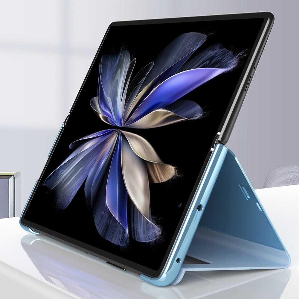 For vivo X Fold2 PU Leather Mirror Surface Phone Case Electroplating Stand Shockproof Cover