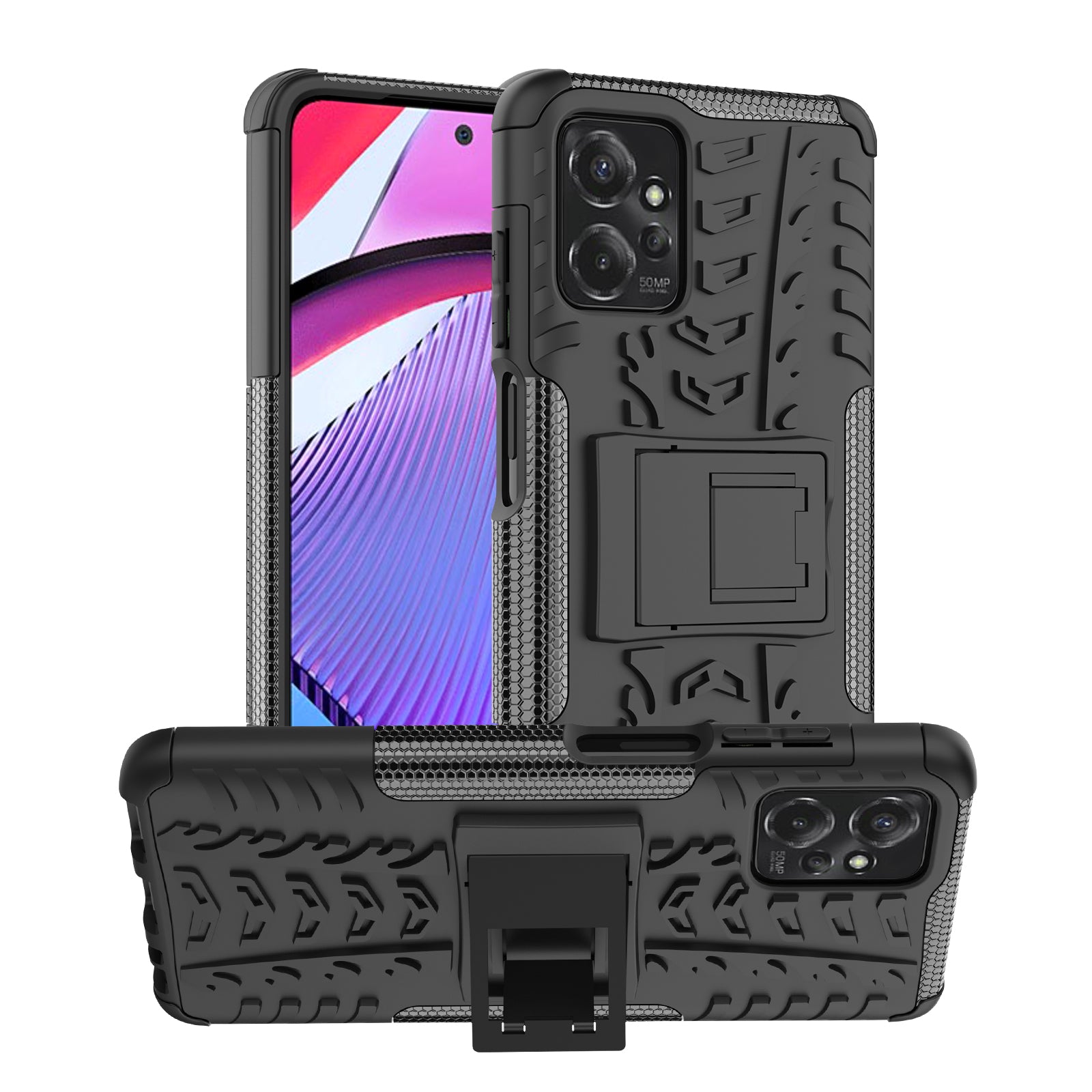 For Motorola Moto G Power 5G PC+TPU Kickstand Cover Tyre Pattern Anti-slip Phone Case