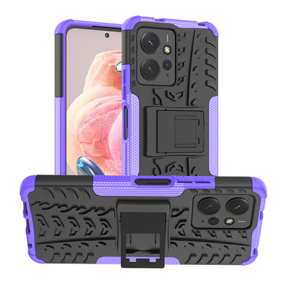 Tyre Pattern Phone Case for Xiaomi Redmi Note 12 4G , PC+TPU Double Layer Shockproof Kickstand Cover