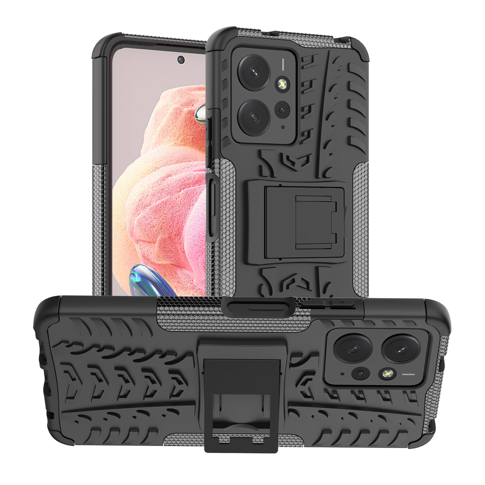 Tyre Pattern Phone Case for Xiaomi Redmi Note 12 4G , PC+TPU Double Layer Shockproof Kickstand Cover