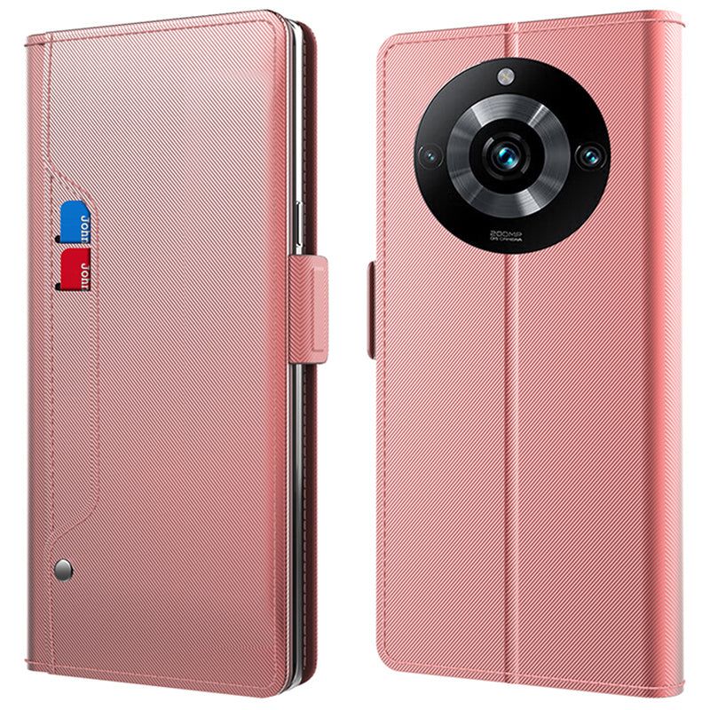 For Realme 11 Pro+ 5G Anti-drop Leather Case Mirror Design Stand Card Holder Phone Cover