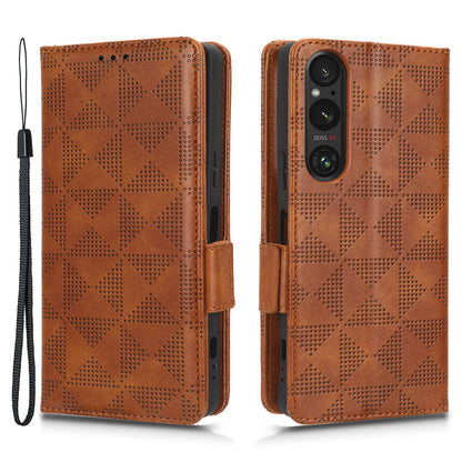 For Sony Xperia 1 V Cell Phone Cover Stand Wallet Imprinted Triangle PU Leather Phone Case
