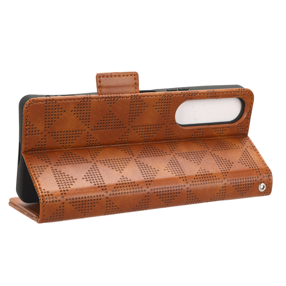 For Sony Xperia 1 V Cell Phone Cover Stand Wallet Imprinted Triangle PU Leather Phone Case