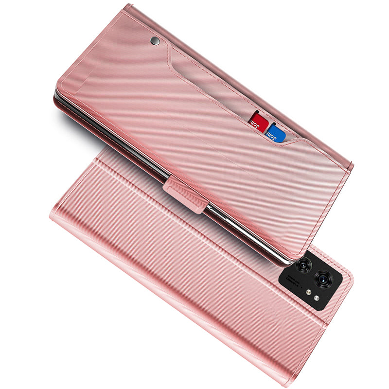 For Motorola Edge 40 5G Phone Leather Case with Mirror Design, Stand Card Holder Phone Cover