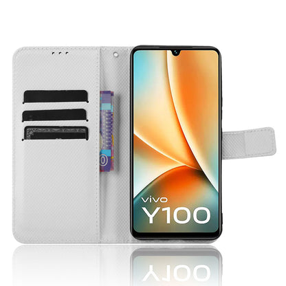 For vivo Y100 5G / T2 5G PU Leather Wallet Case Diamond Texture Flip Stand Phone Cover