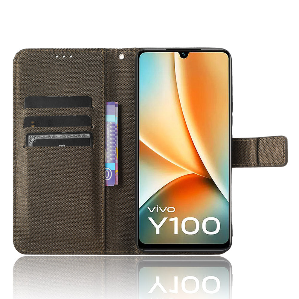 For vivo Y100 5G / T2 5G PU Leather Wallet Case Diamond Texture Flip Stand Phone Cover