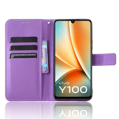For vivo Y100 5G / T2 5G PU Leather Wallet Case Diamond Texture Flip Stand Phone Cover