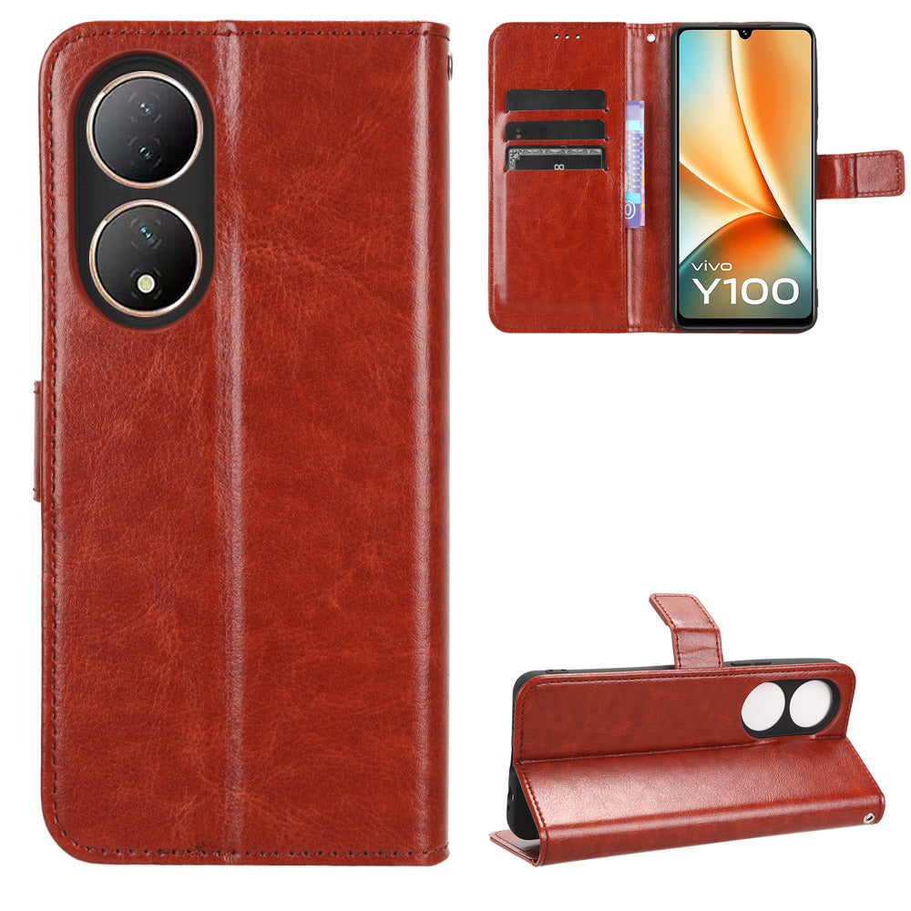For vivo Y100 5G / T2 5G Crazy Horse Texture PU Leather Wallet Case Phone Cover with Stand