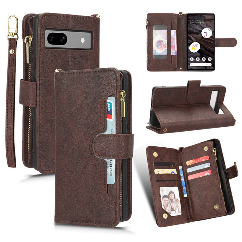 For Google Pixel 7a Zipper Pocket Leather Wallet Phone Case Cellphone Cover with Stand