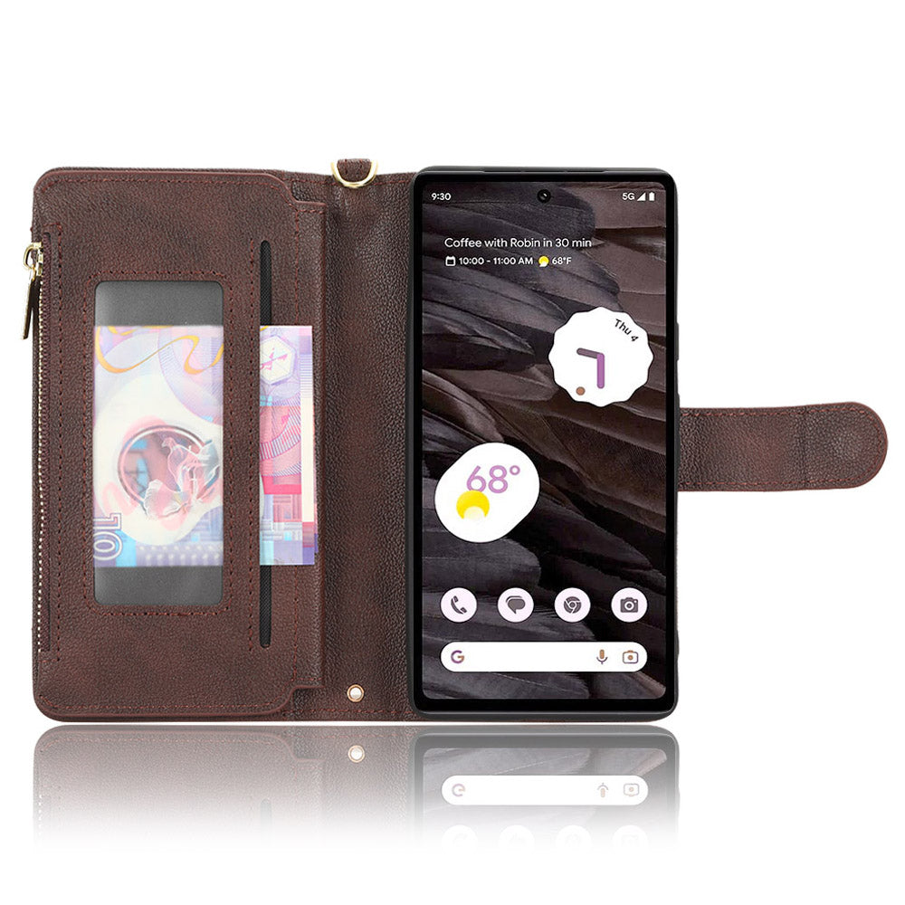 For Google Pixel 7a Zipper Pocket Leather Wallet Phone Case Cellphone Cover with Stand