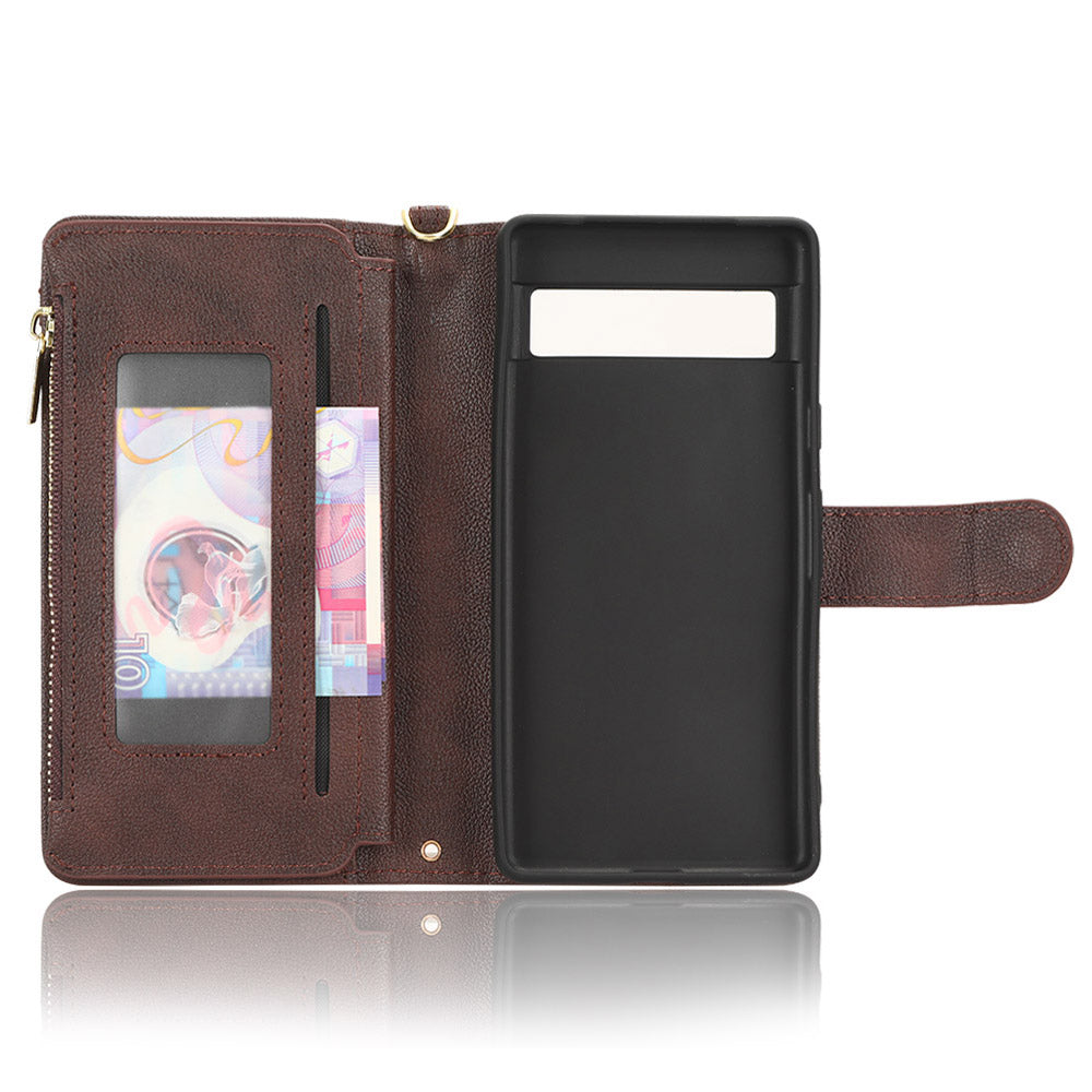 For Google Pixel 7a Zipper Pocket Leather Wallet Phone Case Cellphone Cover with Stand