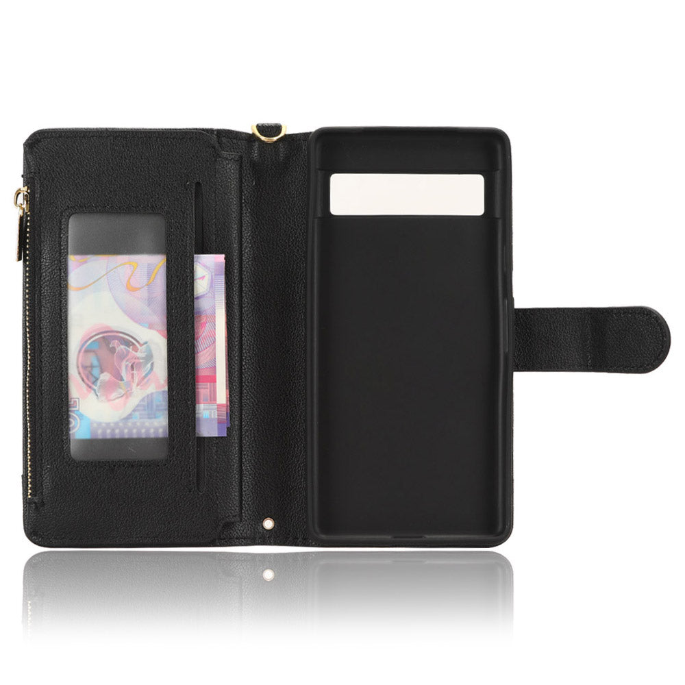 For Google Pixel 7a Zipper Pocket Leather Wallet Phone Case Cellphone Cover with Stand