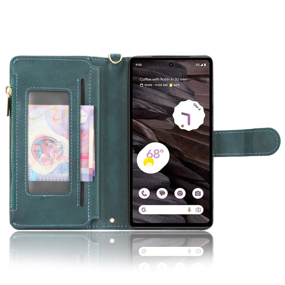 For Google Pixel 7a Zipper Pocket Leather Wallet Phone Case Cellphone Cover with Stand