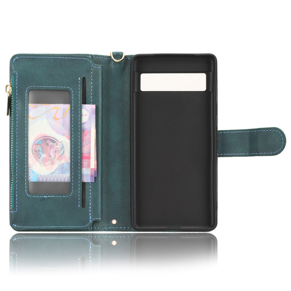 For Google Pixel 7a Zipper Pocket Leather Wallet Phone Case Cellphone Cover with Stand