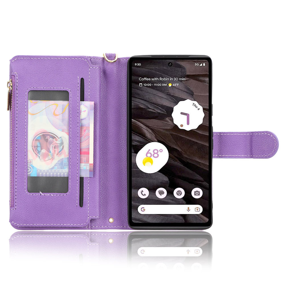 For Google Pixel 7a Zipper Pocket Leather Wallet Phone Case Cellphone Cover with Stand