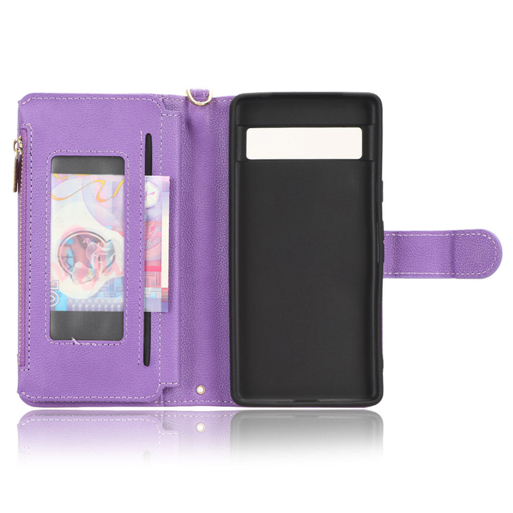For Google Pixel 7a Zipper Pocket Leather Wallet Phone Case Cellphone Cover with Stand