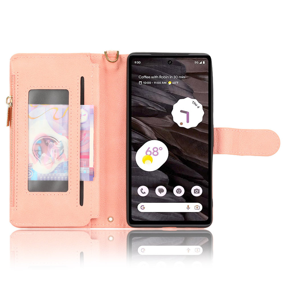 For Google Pixel 7a Zipper Pocket Leather Wallet Phone Case Cellphone Cover with Stand