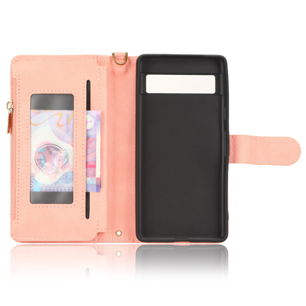 For Google Pixel 7a Zipper Pocket Leather Wallet Phone Case Cellphone Cover with Stand