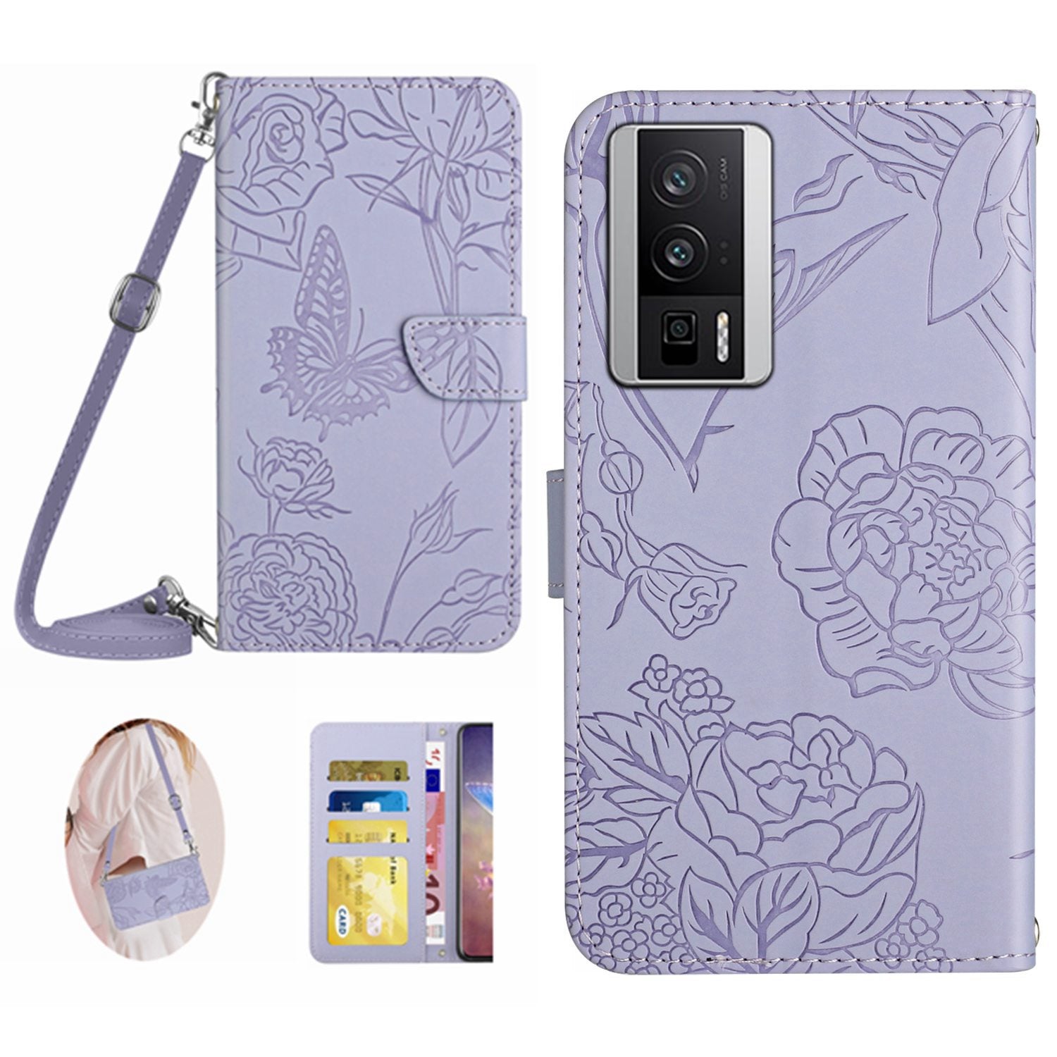 HT03 Wallet Phone Case for Xiaomi Poco F5 Pro 5G / Redmi K60 5G / K60 Pro 5G , Butterfly Flowers Imprinted PU Leather Stand Cover with Shoulder Strap