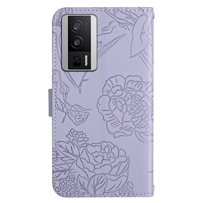 HT03 Wallet Phone Case for Xiaomi Poco F5 Pro 5G / Redmi K60 5G / K60 Pro 5G , Butterfly Flowers Imprinted PU Leather Stand Cover with Shoulder Strap