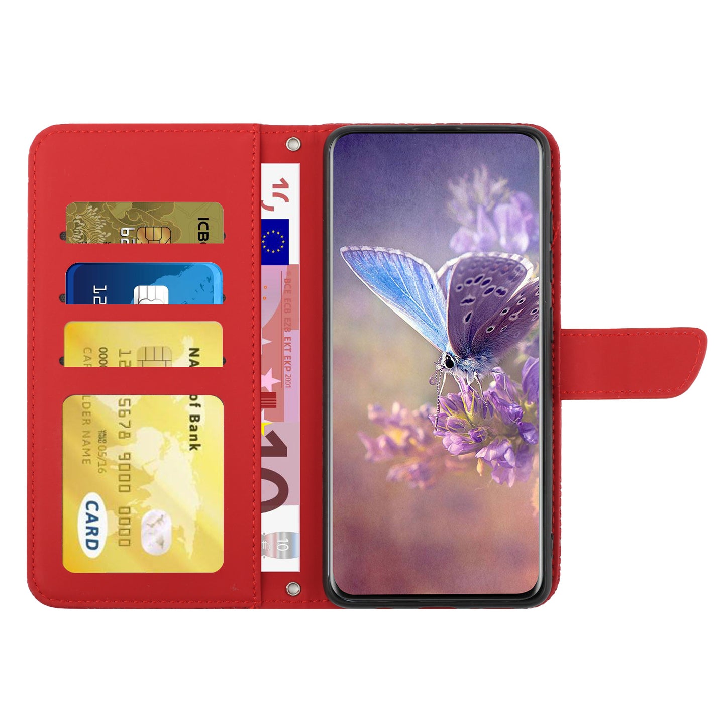 HT03 Wallet Phone Case for Xiaomi Poco F5 Pro 5G / Redmi K60 5G / K60 Pro 5G , Butterfly Flowers Imprinted PU Leather Stand Cover with Shoulder Strap