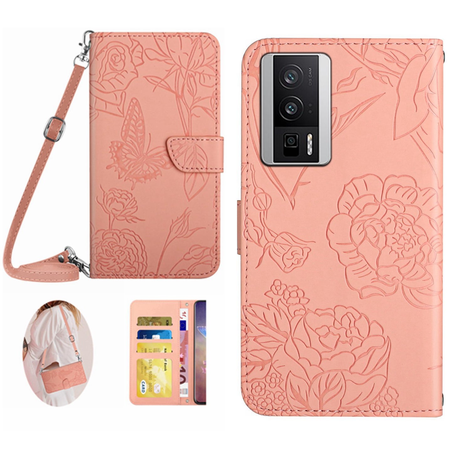 HT03 Wallet Phone Case for Xiaomi Poco F5 Pro 5G / Redmi K60 5G / K60 Pro 5G , Butterfly Flowers Imprinted PU Leather Stand Cover with Shoulder Strap