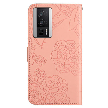 HT03 Wallet Phone Case for Xiaomi Poco F5 Pro 5G / Redmi K60 5G / K60 Pro 5G , Butterfly Flowers Imprinted PU Leather Stand Cover with Shoulder Strap