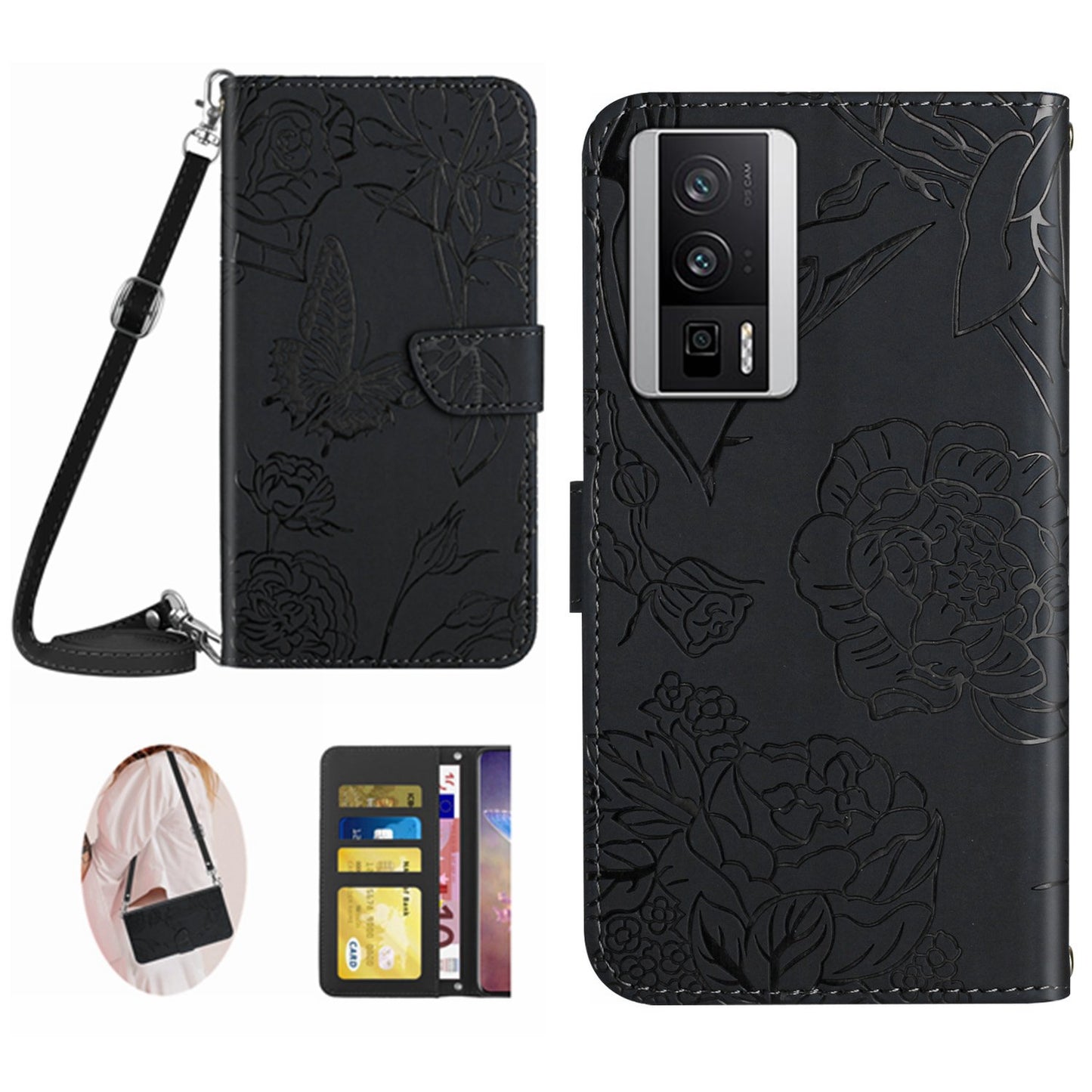 HT03 Wallet Phone Case for Xiaomi Poco F5 Pro 5G / Redmi K60 5G / K60 Pro 5G , Butterfly Flowers Imprinted PU Leather Stand Cover with Shoulder Strap