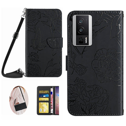 HT03 Wallet Phone Case for Xiaomi Poco F5 Pro 5G / Redmi K60 5G / K60 Pro 5G , Butterfly Flowers Imprinted PU Leather Stand Cover with Shoulder Strap