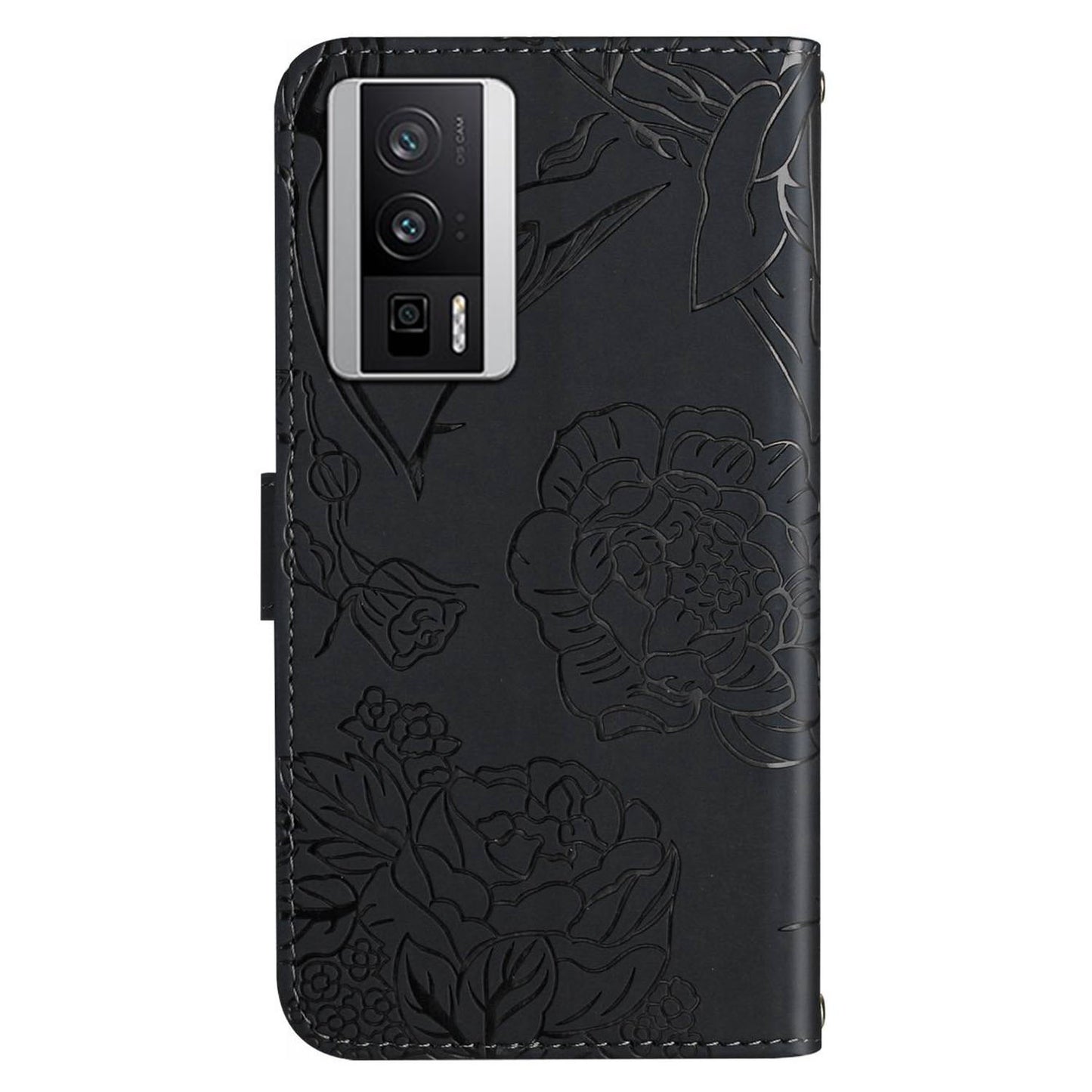 HT03 Wallet Phone Case for Xiaomi Poco F5 Pro 5G / Redmi K60 5G / K60 Pro 5G , Butterfly Flowers Imprinted PU Leather Stand Cover with Shoulder Strap