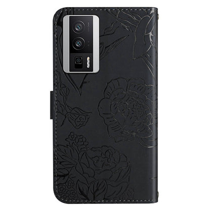 HT03 Wallet Phone Case for Xiaomi Poco F5 Pro 5G / Redmi K60 5G / K60 Pro 5G , Butterfly Flowers Imprinted PU Leather Stand Cover with Shoulder Strap