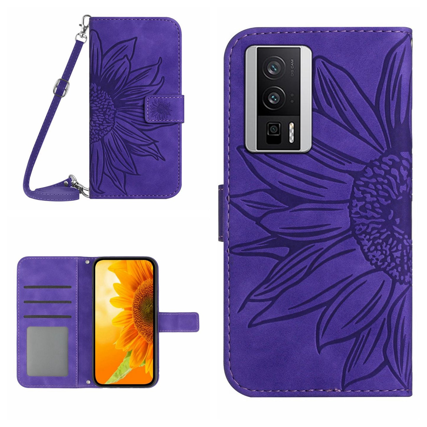 HT04 Wallet Flip Cover for Xiaomi Poco F5 Pro 5G / Redmi K60 5G / K60 Pro 5G , PU Leather Stand Sunflower Pattern Imprinted Phone Case with Shoulder Strap