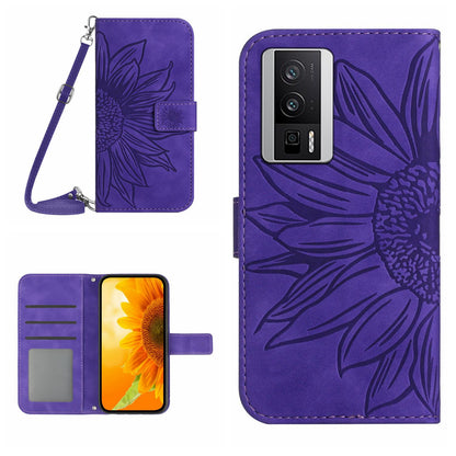 HT04 Wallet Flip Cover for Xiaomi Poco F5 Pro 5G / Redmi K60 5G / K60 Pro 5G , PU Leather Stand Sunflower Pattern Imprinted Phone Case with Shoulder Strap