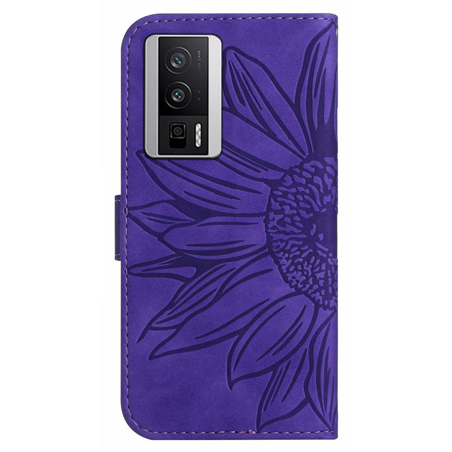 HT04 Wallet Flip Cover for Xiaomi Poco F5 Pro 5G / Redmi K60 5G / K60 Pro 5G , PU Leather Stand Sunflower Pattern Imprinted Phone Case with Shoulder Strap