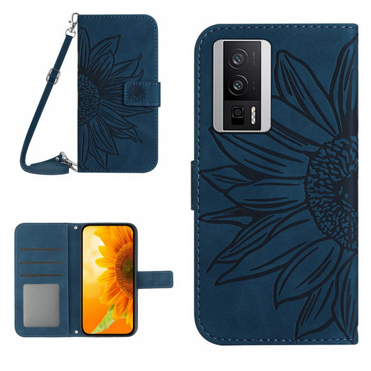 HT04 Wallet Flip Cover for Xiaomi Poco F5 Pro 5G / Redmi K60 5G / K60 Pro 5G , PU Leather Stand Sunflower Pattern Imprinted Phone Case with Shoulder Strap