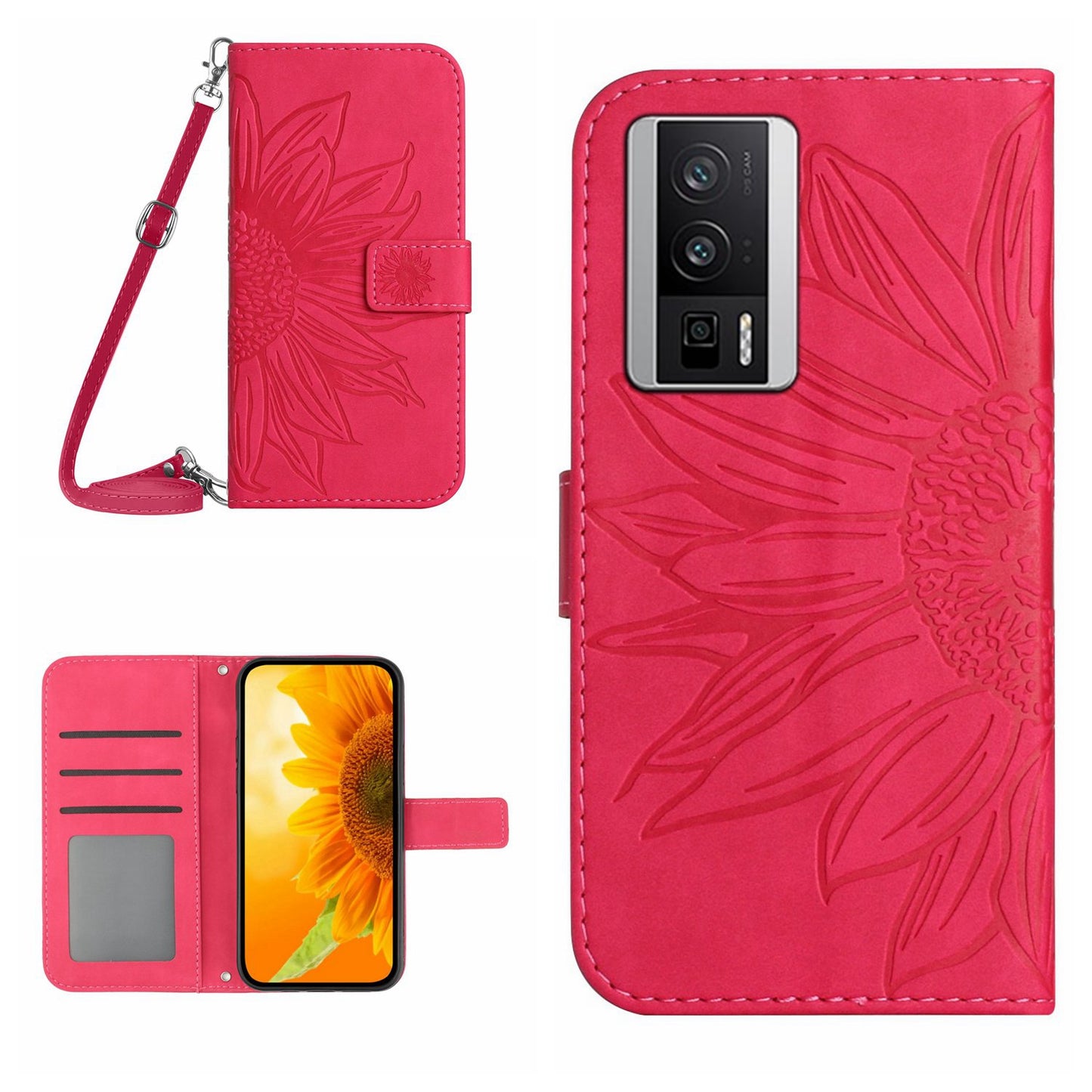 HT04 Wallet Flip Cover for Xiaomi Poco F5 Pro 5G / Redmi K60 5G / K60 Pro 5G , PU Leather Stand Sunflower Pattern Imprinted Phone Case with Shoulder Strap